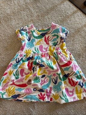 Mini Boden White Cotton Dress with Multicolor Mermaid Print